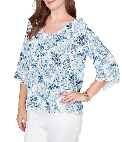 Ruby Rd. Woven Toile Print V-Neck 3/4 Sleeve Allover Eyelet Top