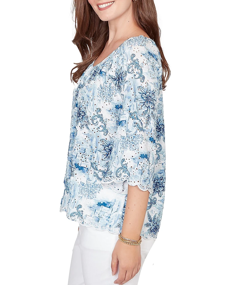 Ruby Rd. Woven Toile Print V-Neck 3/4 Sleeve Allover Eyelet Top