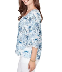 Ruby Rd. Woven Toile Print V-Neck 3/4 Sleeve Allover Eyelet Top