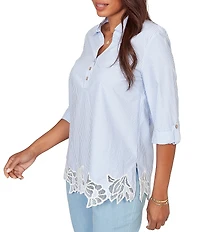 Ruby Rd. Woven Yarn-Dyed Stripe Point Collar 3/4 Roll-Tab Sleeve Embroidered Hem Blouse