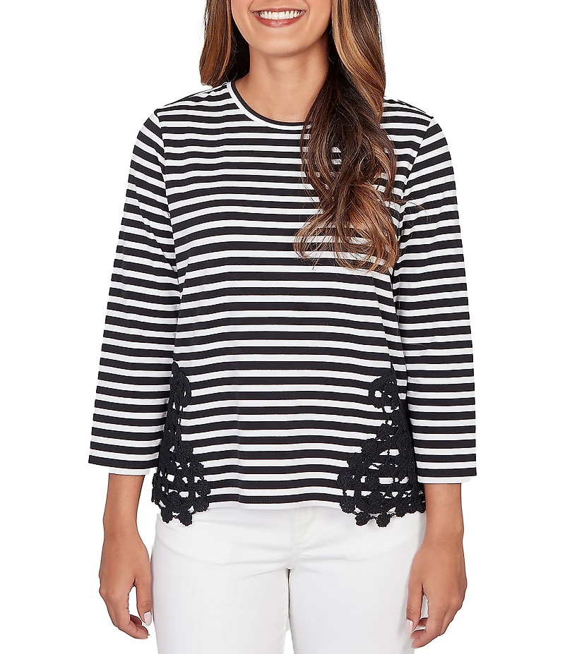 Ruby Rd. Yarn-Dyed Cotton Jersey Knit Stripe Lace Applique Top