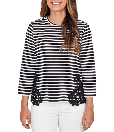 Ruby Rd. Yarn-Dyed Cotton Jersey Knit Stripe Lace Applique Top