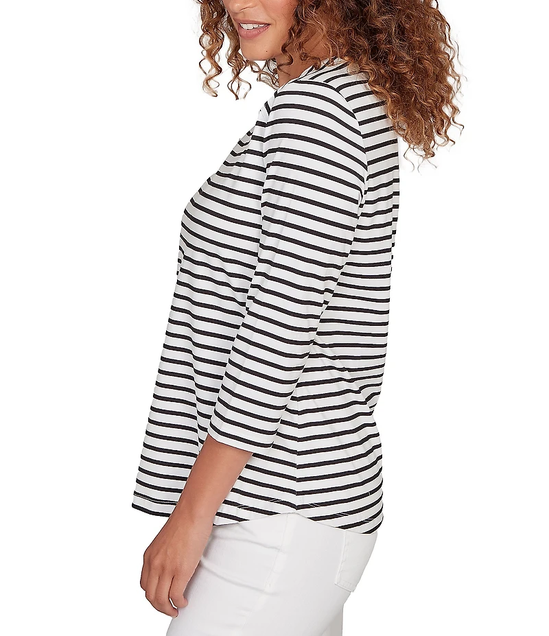 Ruby Rd. Yarn-Dyed Cotton Jersey Striped Square Neck 3/4 Sleeve Tee Top
