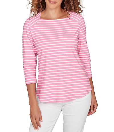 Ruby Rd. Yarn-Dyed Cotton Jersey Striped Square Neck 3/4 Sleeve Tee Top