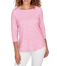 Ruby Rd. Yarn-Dyed Cotton Jersey Striped Square Neck 3/4 Sleeve Tee Top