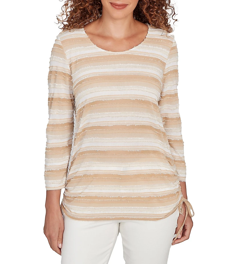Ruby Rd. Yarn-Dyed Eyelash Stripe Scoop Neck 3/4 Sleeve Adjustable Side Ties Top