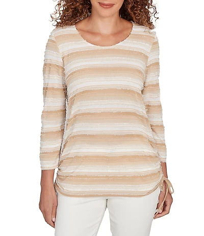 Ruby Rd. Yarn-Dyed Eyelash Stripe Scoop Neck 3/4 Sleeve Adjustable Side Ties Top