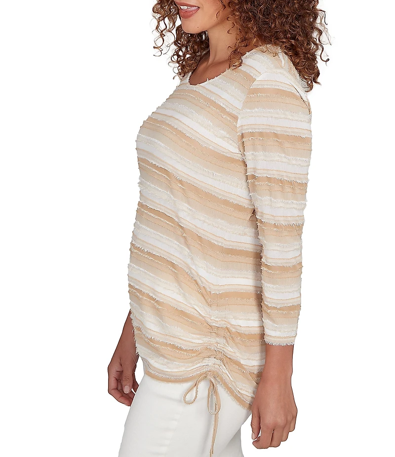 Ruby Rd. Yarn-Dyed Eyelash Stripe Scoop Neck 3/4 Sleeve Adjustable Side Ties Top