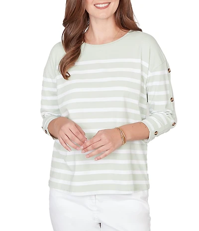 Ruby Rd. Yarn-Dyed Stripe Crew Neck 3/4 Button Sleeve Knit Top
