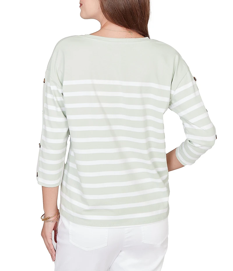 Ruby Rd. Yarn-Dyed Stripe Crew Neck 3/4 Button Sleeve Knit Top