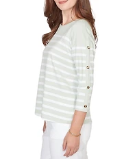 Ruby Rd. Yarn-Dyed Stripe Crew Neck 3/4 Button Sleeve Knit Top