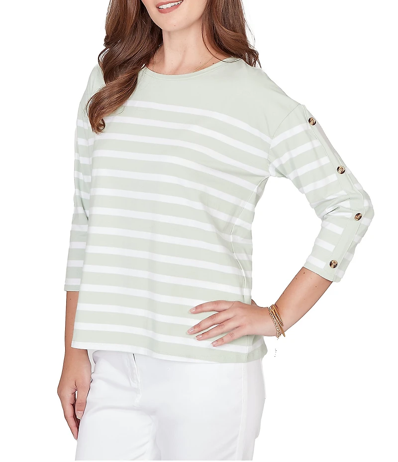Ruby Rd. Yarn-Dyed Stripe Crew Neck 3/4 Button Sleeve Knit Top