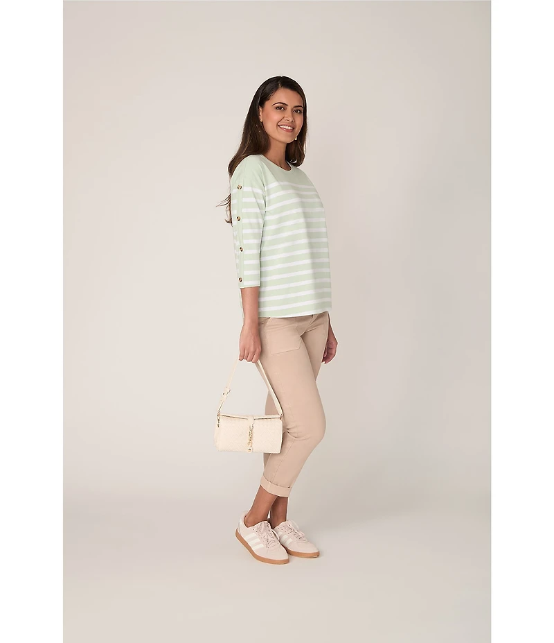 Ruby Rd. Yarn-Dyed Stripe Crew Neck 3/4 Button Sleeve Knit Top