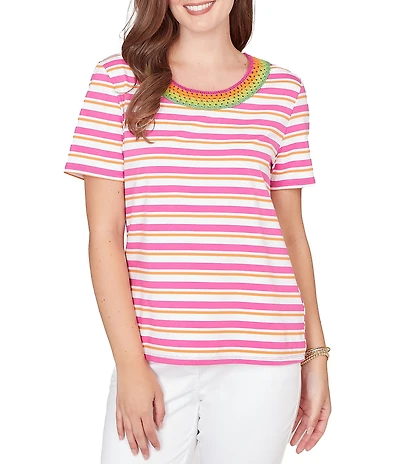 Ruby Rd. Yarn-Dyed Stripe Crochet Embellished Scoop Neck Short Sleeve Tee