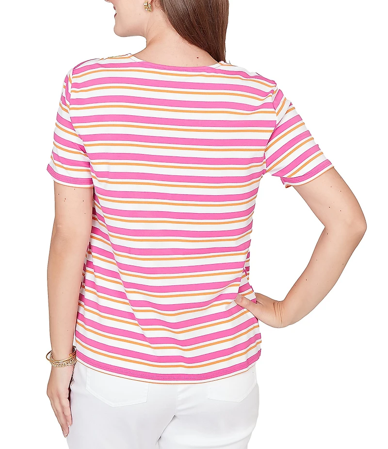 Ruby Rd. Yarn-Dyed Stripe Crochet Embellished Scoop Neck Short Sleeve Tee