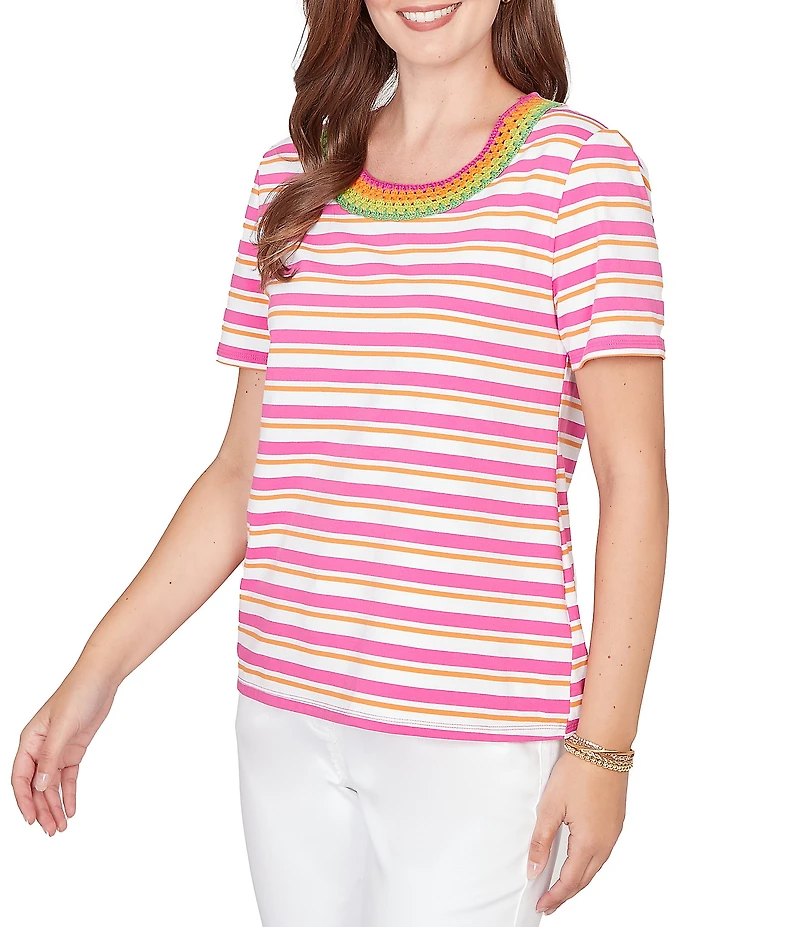 Ruby Rd. Yarn-Dyed Stripe Crochet Embellished Scoop Neck Short Sleeve Tee