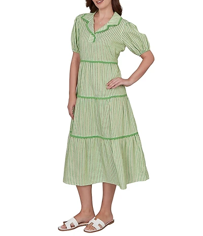 Ruby Rd. Yarn-Dyed Textured Stripe Contrast Trim Tiered Midi Dress