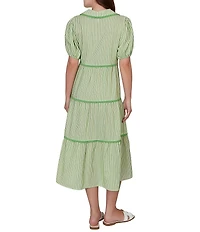 Ruby Rd. Yarn-Dyed Textured Stripe Contrast Trim Tiered Midi Dress