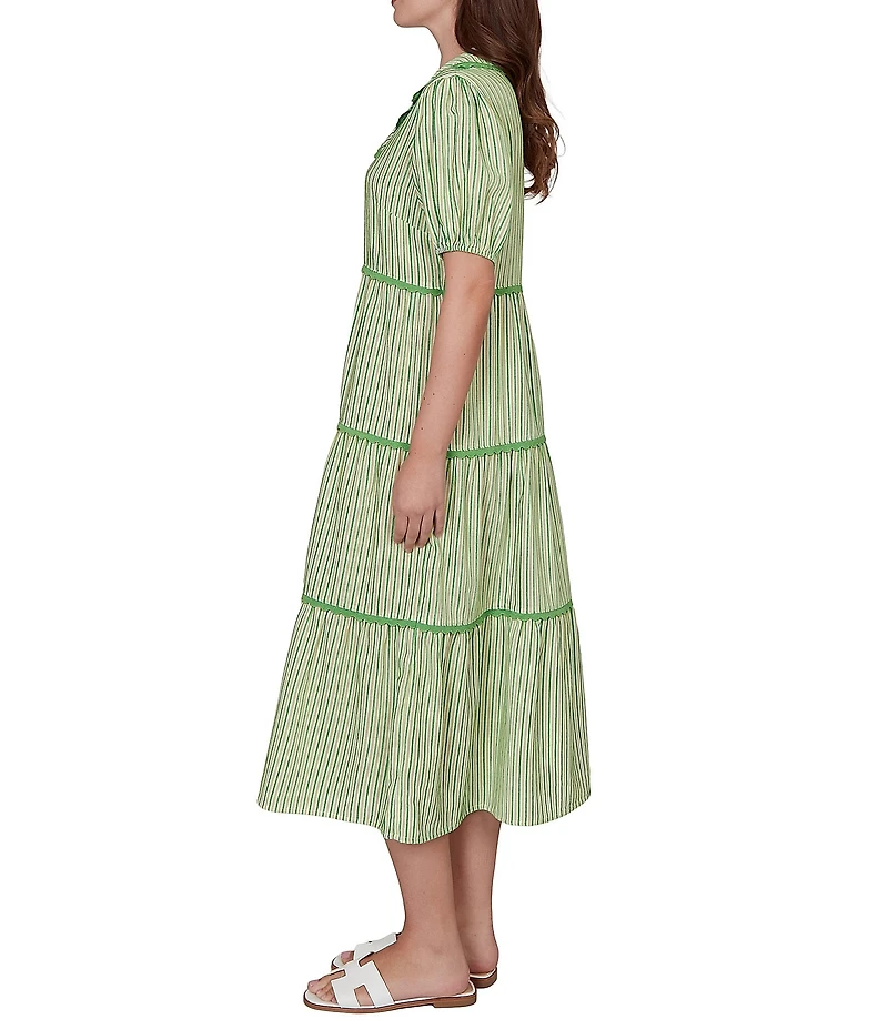 Ruby Rd. Yarn-Dyed Textured Stripe Contrast Trim Tiered Midi Dress