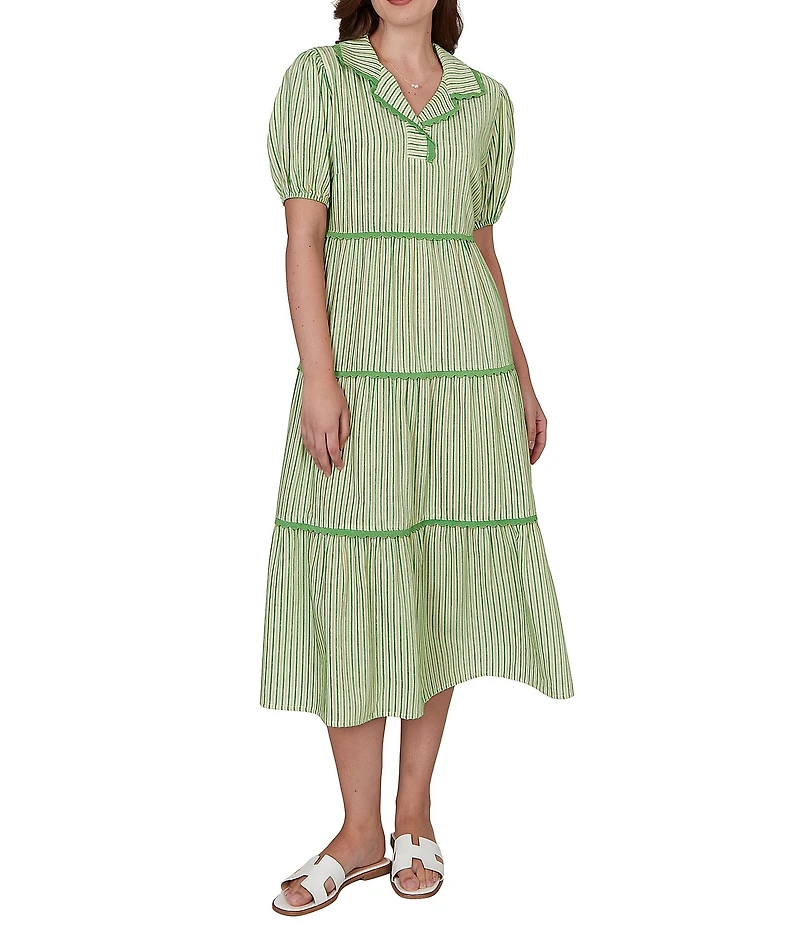 Ruby Rd. Yarn-Dyed Textured Stripe Contrast Trim Tiered Midi Dress