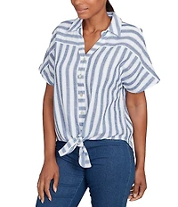Ruby Rd. Yarn-Dyed Woven Stripe Collared V-Neck Short Sleeve Button Front Shirt