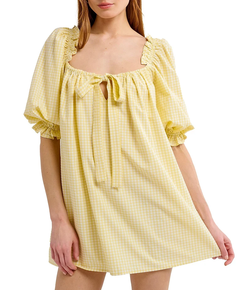 Rumored Darling Gingham Puffed Sleeve Babydoll Mini Dress