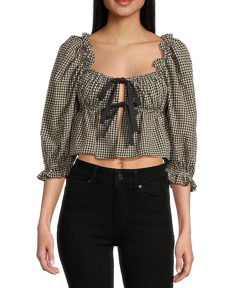 Rumored Parton Short Sleeve Tie-Front Gingham Top
