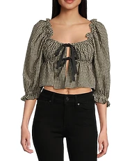 Rumored Parton Short Sleeve Tie-Front Gingham Top