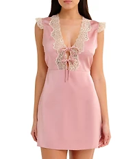 Rumored V-Neck Tie Front Honeycomb Mini Dress