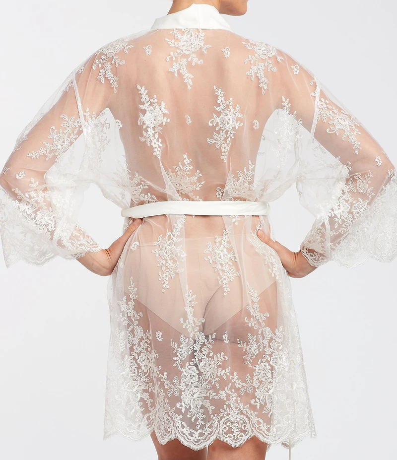 Rya Collection Allover Lace Banded Neck 3/4 Sleeve Short Wrap Robe