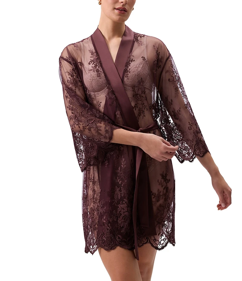 Rya Collection Allover Lace Banded Neck 3/4 Sleeve Short Wrap Robe