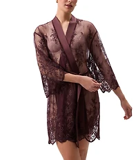 Rya Collection Allover Lace Banded Neck 3/4 Sleeve Short Wrap Robe