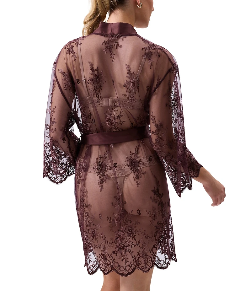 Rya Collection Allover Lace Banded Neck 3/4 Sleeve Short Wrap Robe