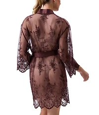 Rya Collection Allover Lace Banded Neck 3/4 Sleeve Short Wrap Robe