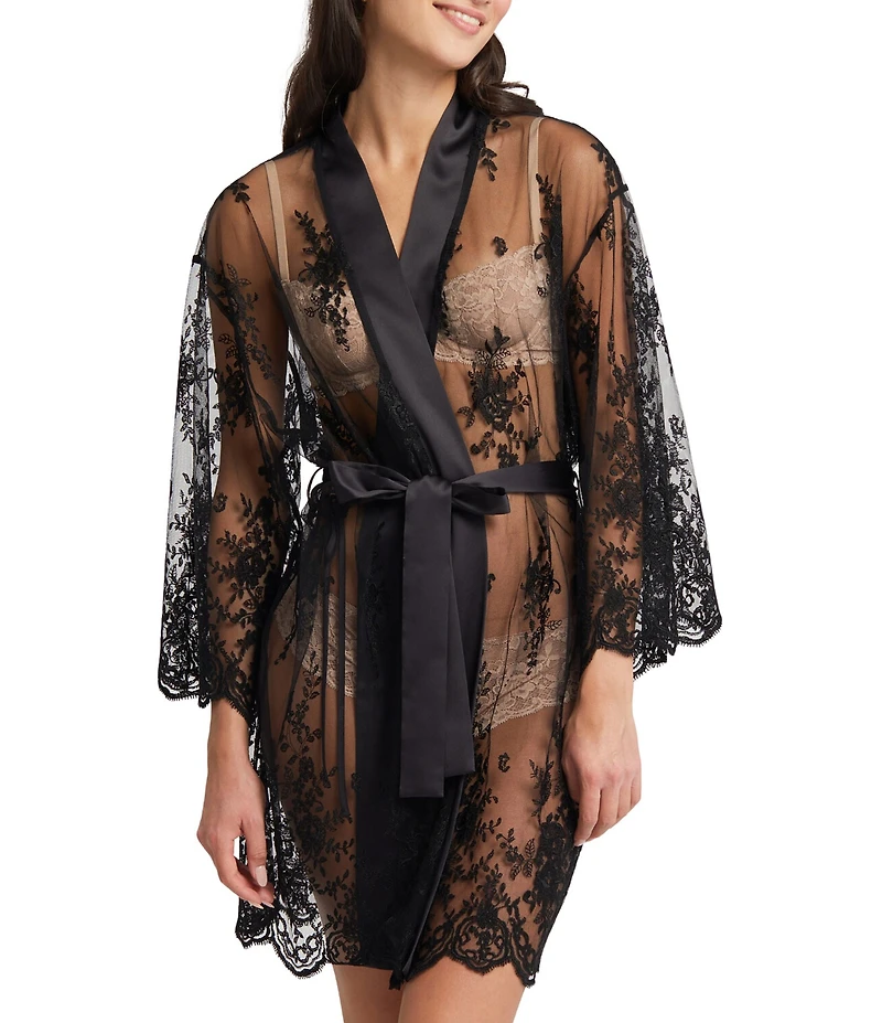 Rya Collection Allover Lace Banded Neck 3/4 Sleeve Short Wrap Robe