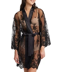 Rya Collection Allover Lace Banded Neck 3/4 Sleeve Short Wrap Robe