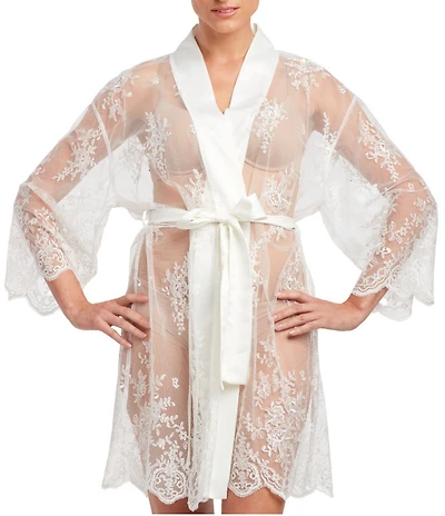 Rya Collection Allover Lace Banded Neck 3/4 Sleeve Short Wrap Robe
