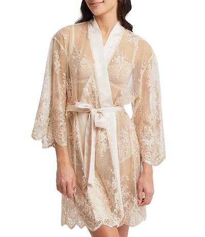 Rya Collection Allover Lace Banded Neck 3/4 Sleeve Short Wrap Robe
