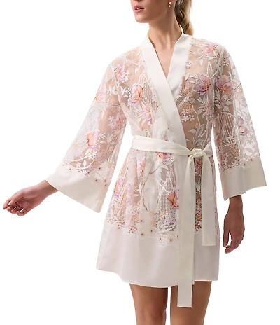 Rya Collection Dearest Floral Embroidered Long Sleeve Belt Tie Coordinating Short Robe