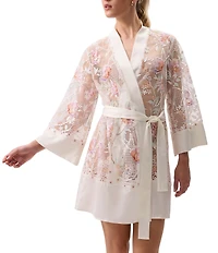 Rya Collection Dearest Floral Embroidered Long Sleeve Belt Tie Coordinating Short Robe