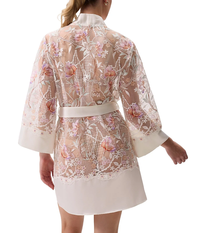 Rya Collection Dearest Floral Embroidered Long Sleeve Belt Tie Coordinating Short Robe