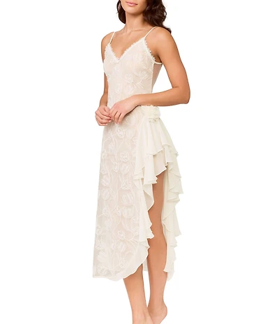 Rya Collection Holland Asymmetrical Chantilly Lace & Chiffon V-Neck Gown