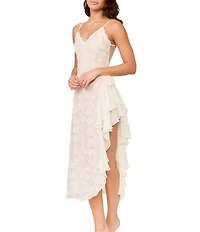 Rya Collection Holland Asymmetrical Chantilly Lace & Chiffon V-Neck Gown