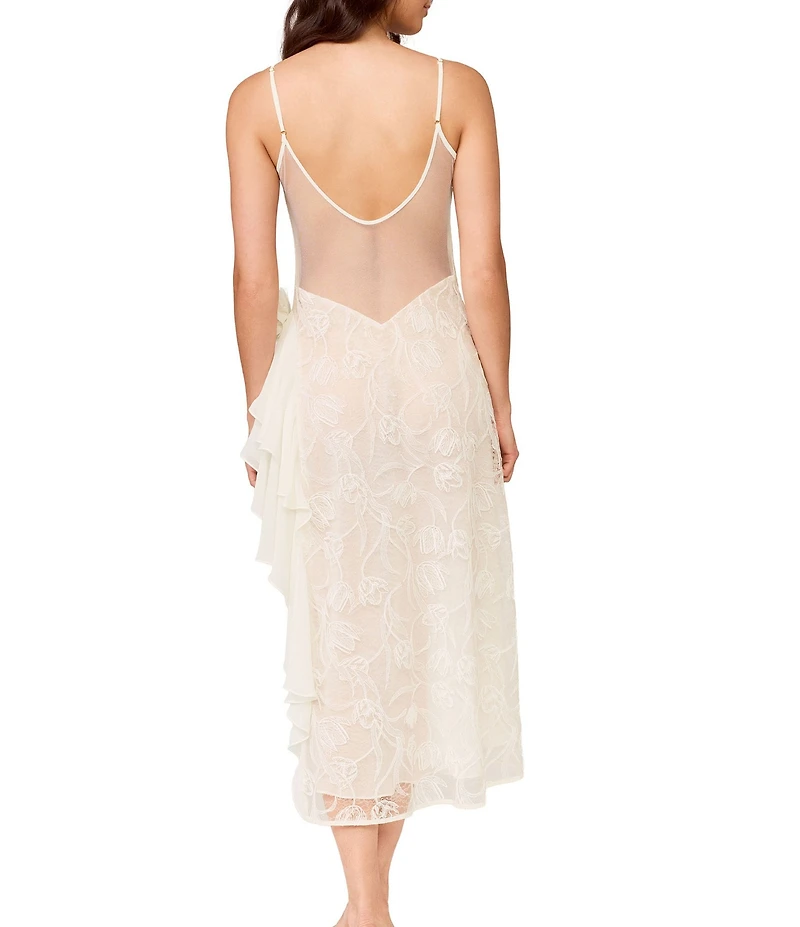 Rya Collection Holland Asymmetrical Chantilly Lace & Chiffon V-Neck Gown