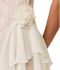 Rya Collection Holland Asymmetrical Chantilly Lace & Chiffon V-Neck Gown