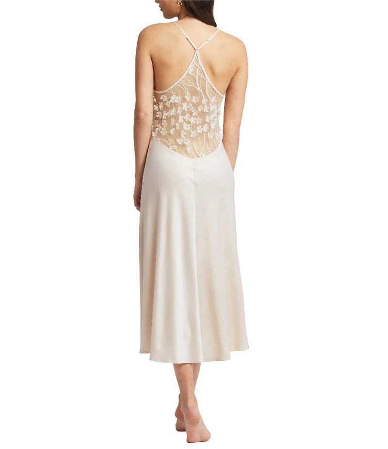 Rya Collection Kiss Solid Charmeuse Embroidered Tulle Back Gown
