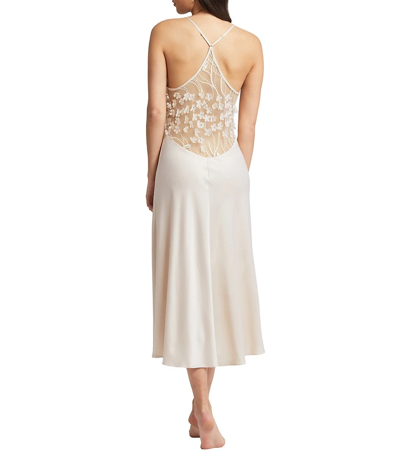 Rya Collection Kiss Solid Charmeuse Embroidered Tulle Back Gown