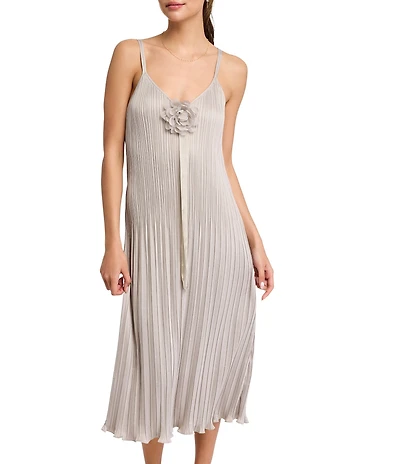 Rya Collection Love Joy Midi Charmeuse Pleated Sleeveless V-Neck Gown