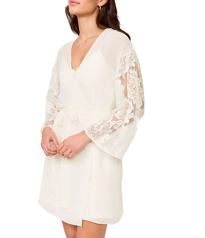 Rya Collection Royale Chiffon Chantilly Lace Long Sleeve Open-Front Belt Tie Coordinating Short Bridal Lingerie Robe