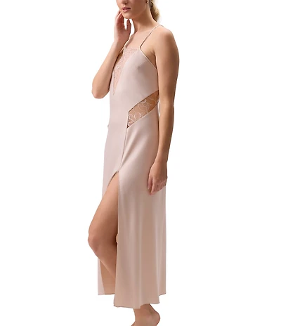 Rya Collection Sincerity Sleeveless V-Neck Long Satin Gown With Lace